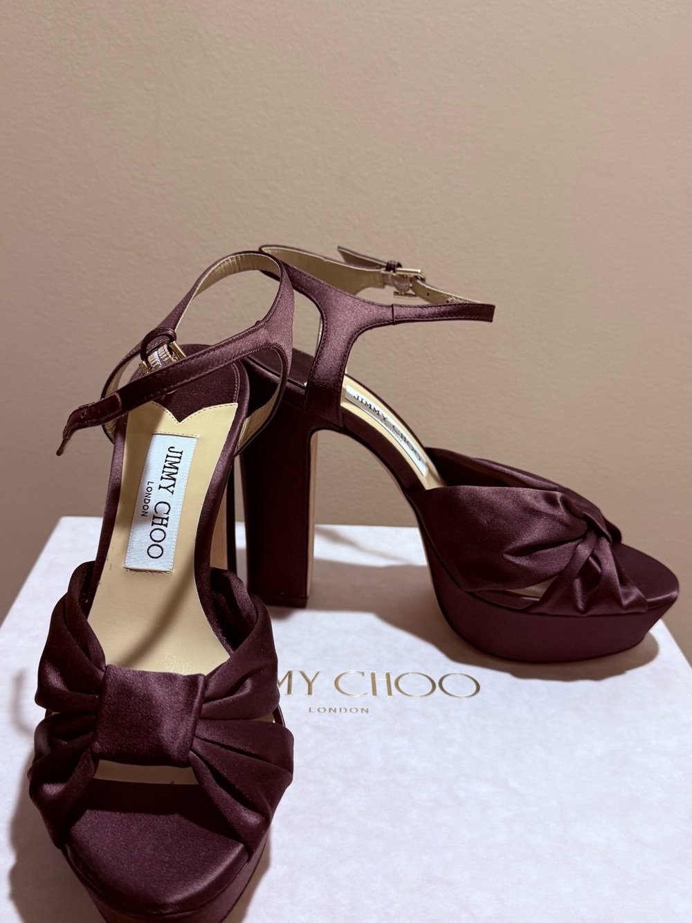 Jimmy Choo Heloise 120 Satin Platform Sandals Brown